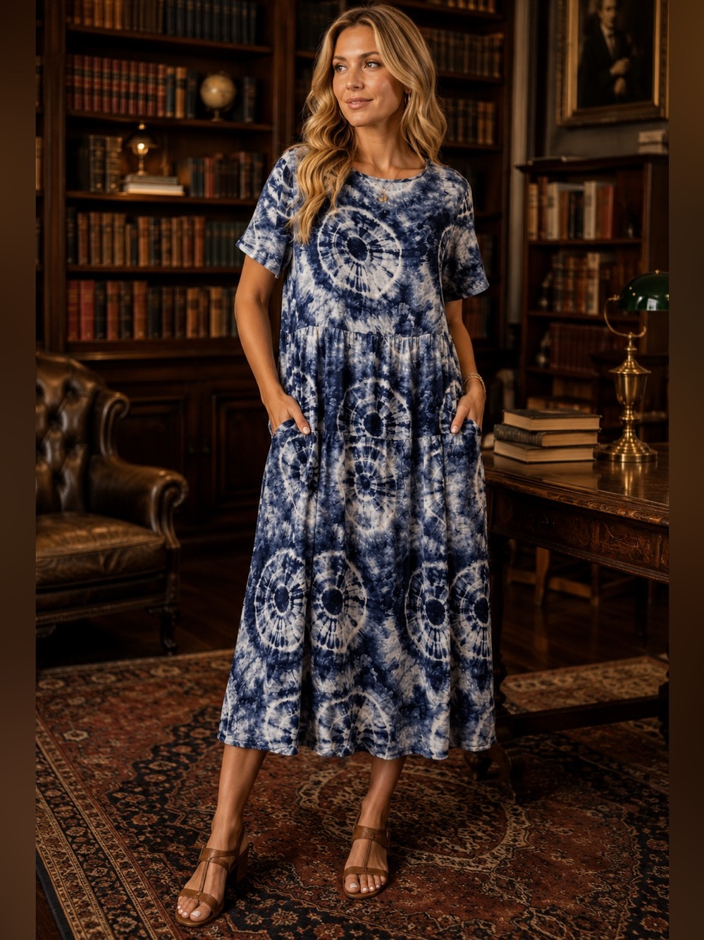 Women's Blue Tie-Dye Maxi Dress with Pockets